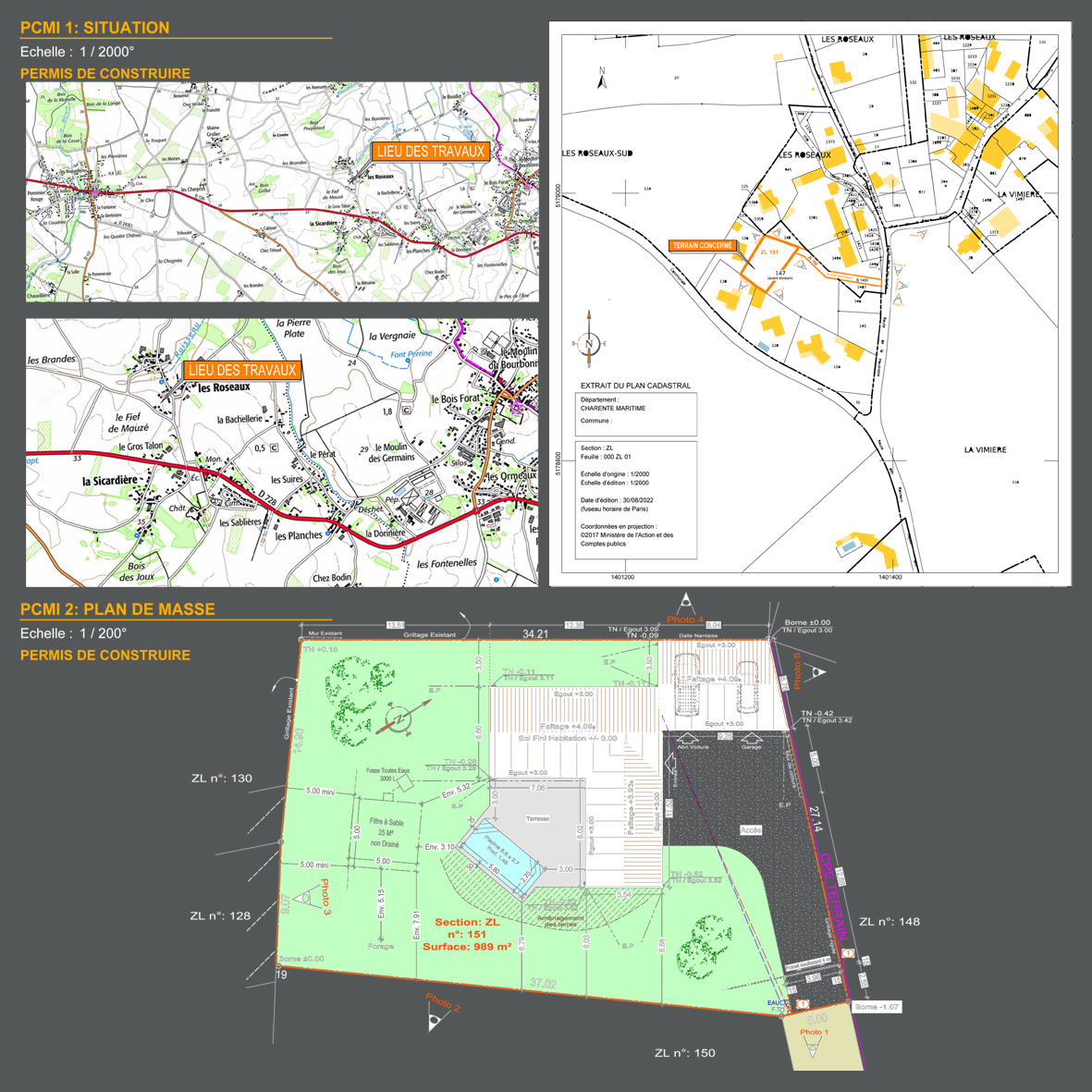 Plans permis de construire, maison en L plus garage et abri voiture, 2 chambres, 106 m² habitables